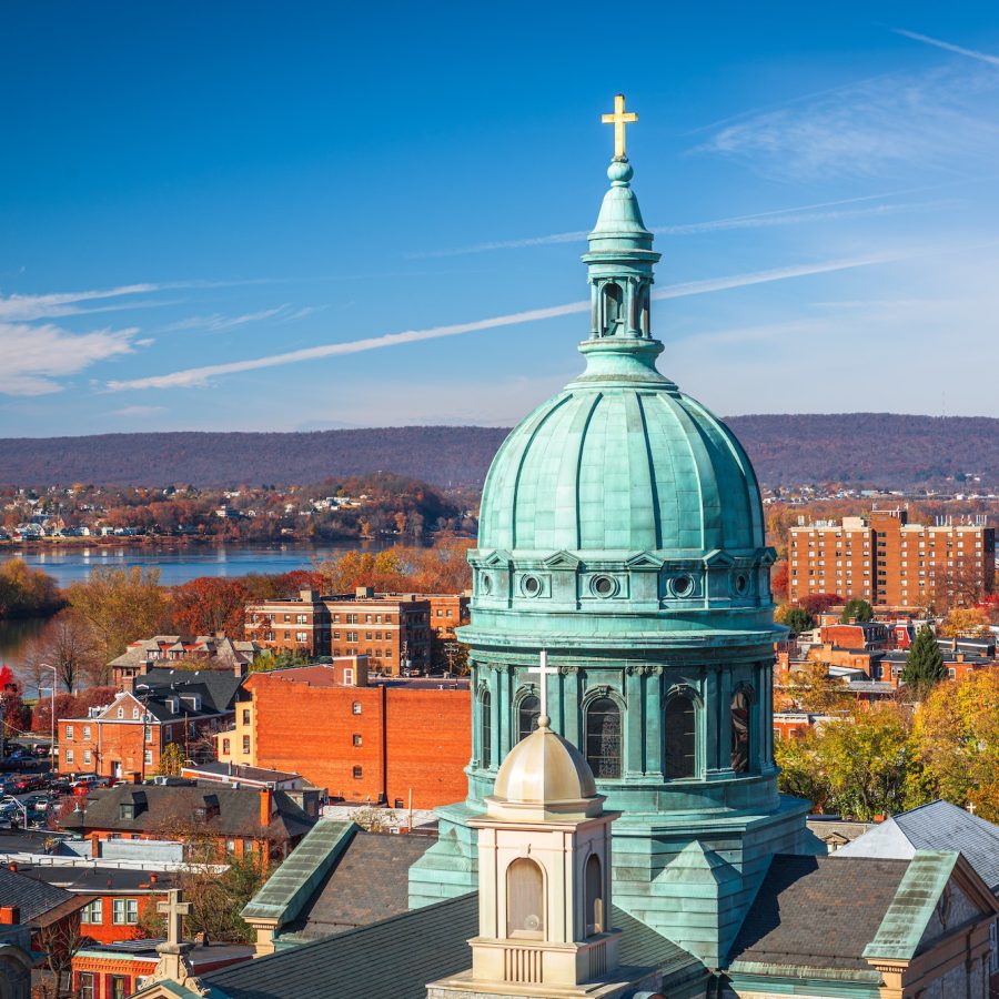 Harrisburg, Pennsylvania, USA cityscape with historic churches.